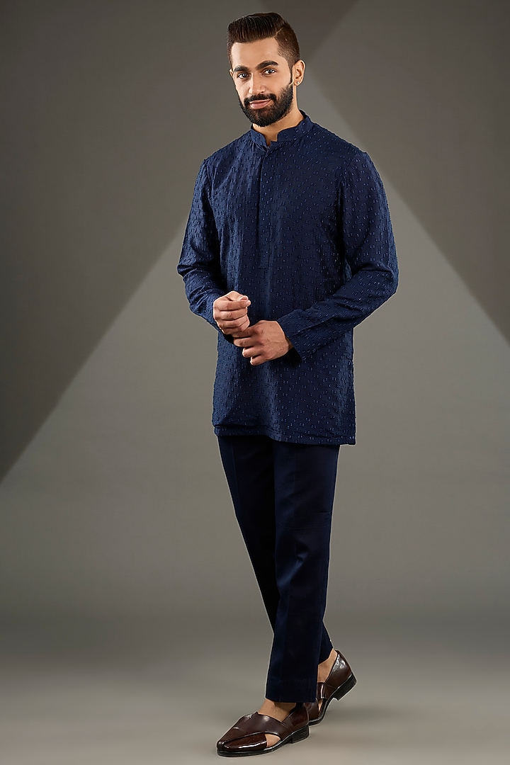 Navy Blue Sandwash Jacket Set by Sarab Khanijou at Pernia's Pop Up Shop