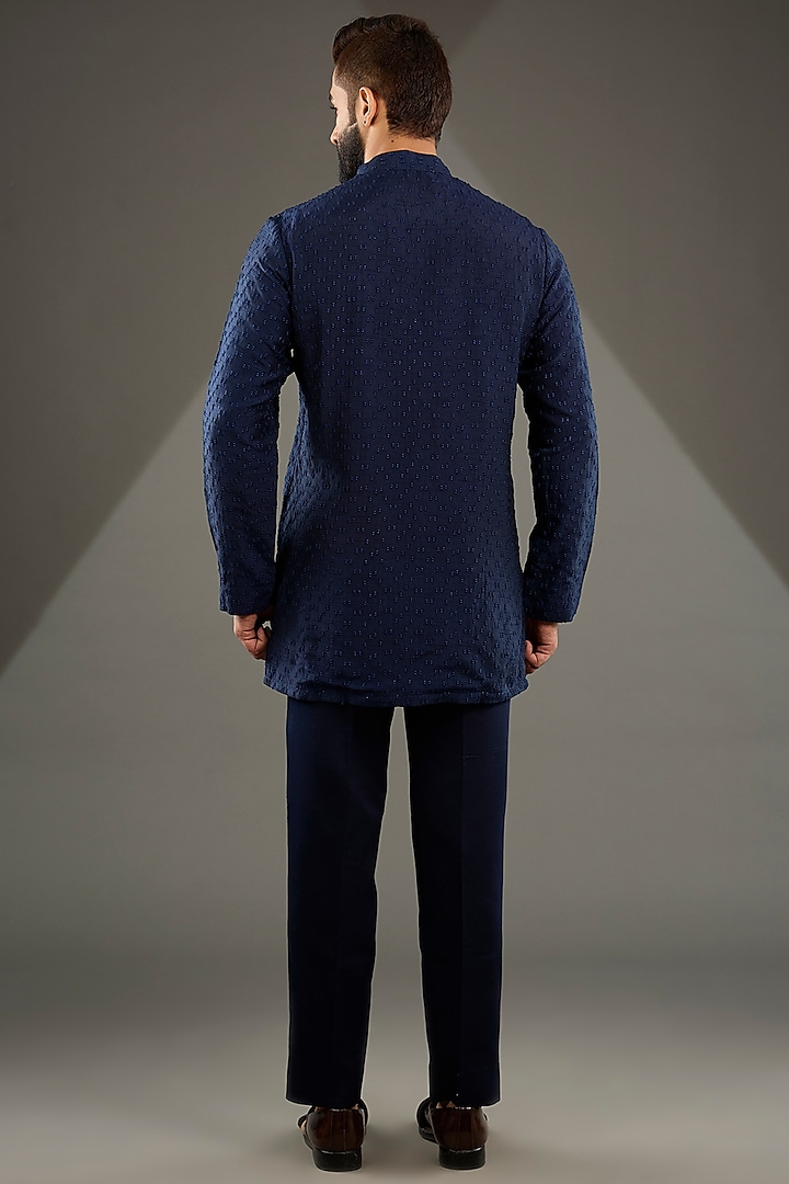 Navy Blue Sandwash Jacket Set by Sarab Khanijou at Pernia's Pop Up Shop