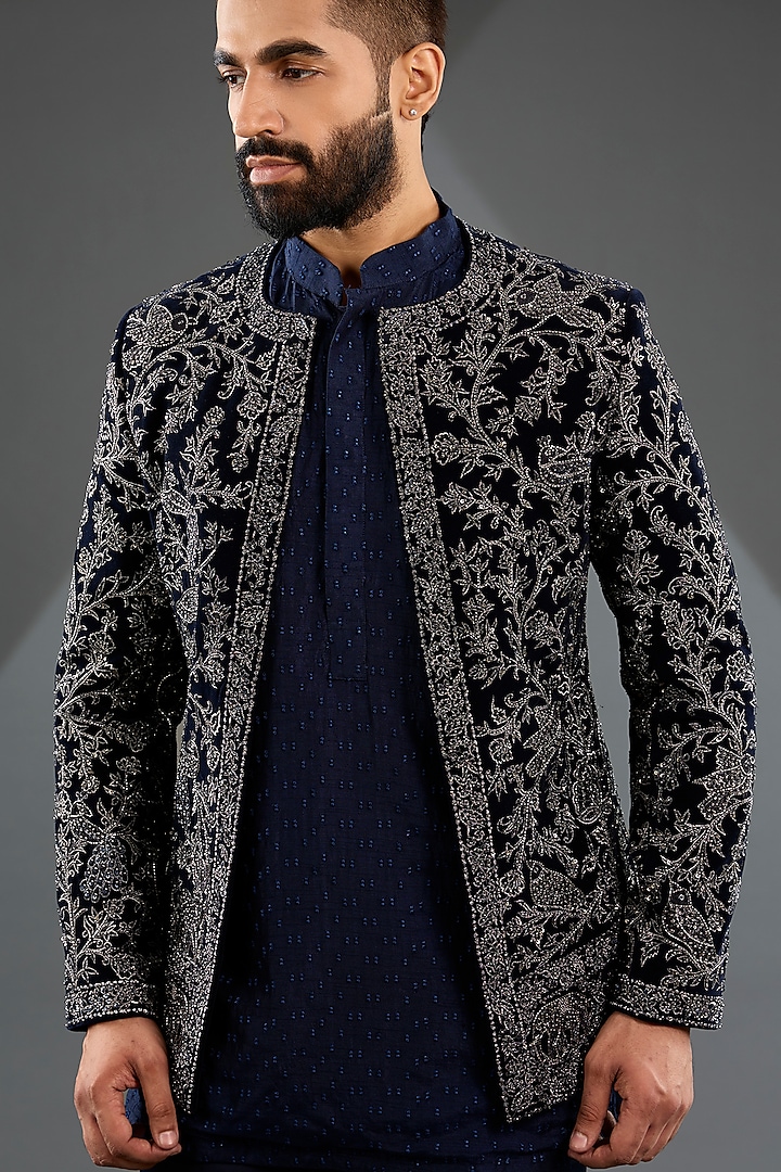 Navy Blue Sandwash Jacket Set by Sarab Khanijou at Pernia's Pop Up Shop