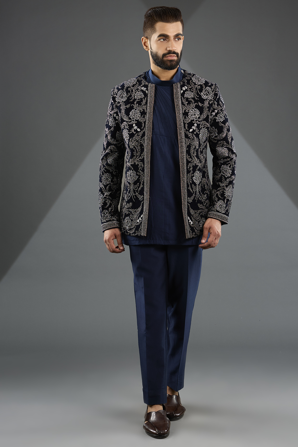 Navy Blue Sandwash Jacket Set by Sarab Khanijou