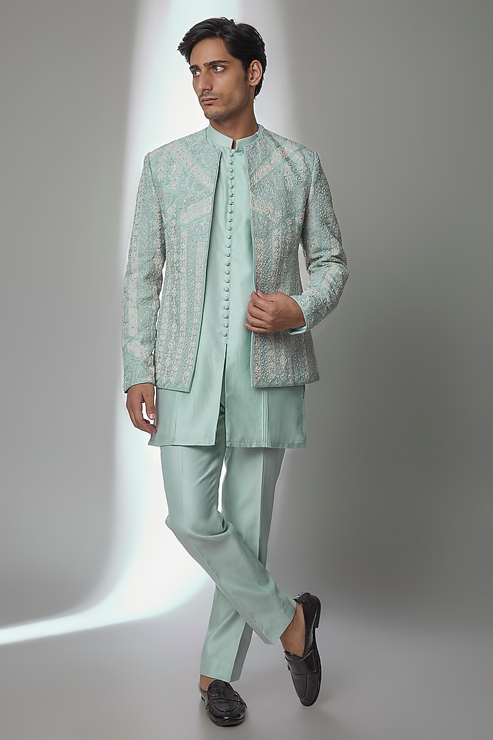Powder Blue Raw Silk Groom Indowestern Set by Sarab Khanijou at Pernia's Pop Up Shop