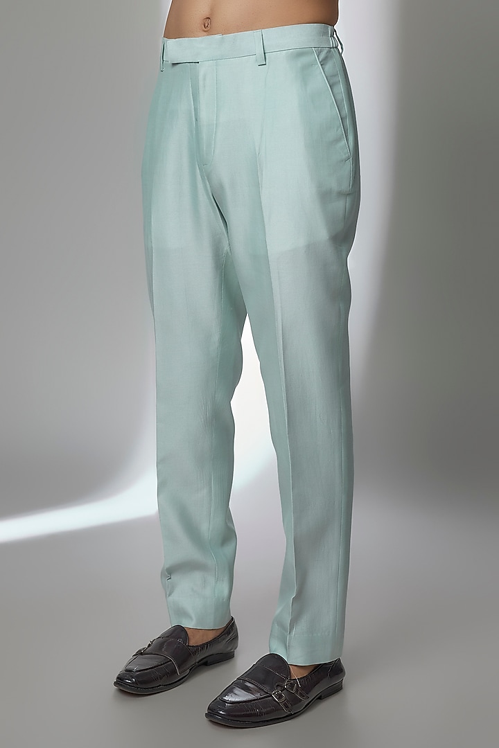 Powder Blue Raw Silk Groom Indowestern Set by Sarab Khanijou at Pernia's Pop Up Shop
