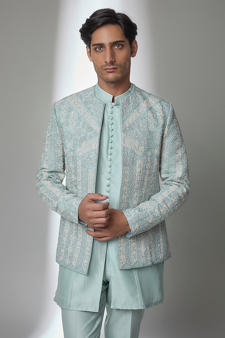 Powder Blue Raw Silk Groom Indowestern Set by Sarab Khanijou at Pernia's Pop Up Shop