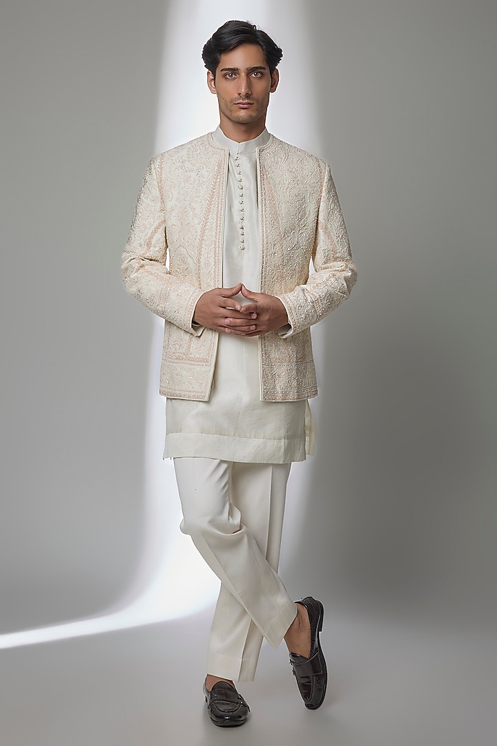 Dirty Ivory Raw Silk Groom Indowestern Set by Sarab Khanijou at Pernia's Pop Up Shop