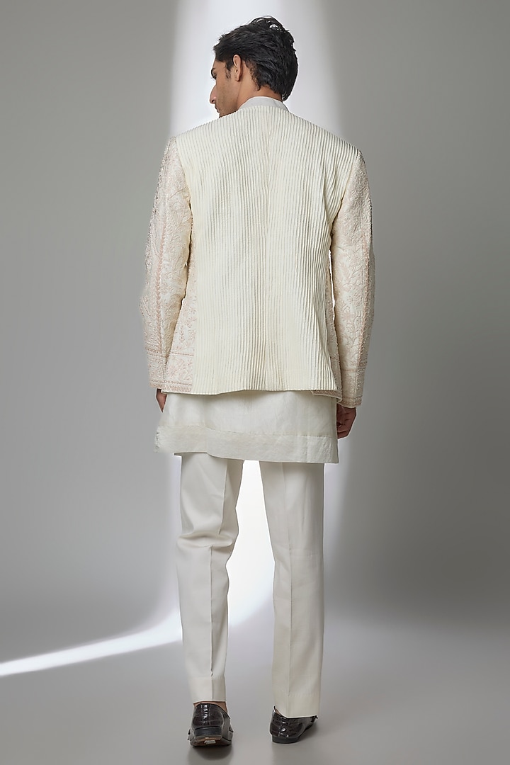 Dirty Ivory Raw Silk Groom Indowestern Set by Sarab Khanijou at Pernia's Pop Up Shop
