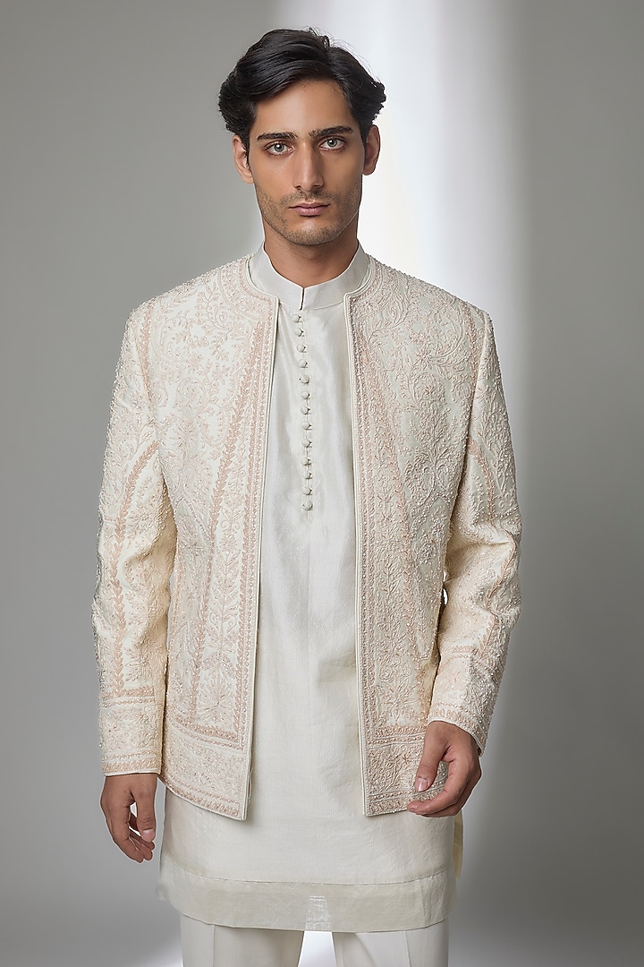 Dirty Ivory Raw Silk Groom Indowestern Set by Sarab Khanijou at Pernia's Pop Up Shop