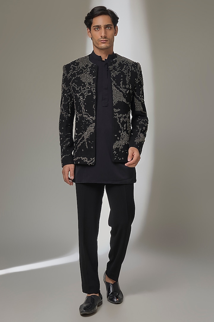 Black Textured Fabric Groom Indowestern Set by Sarab Khanijou at Pernia's Pop Up Shop