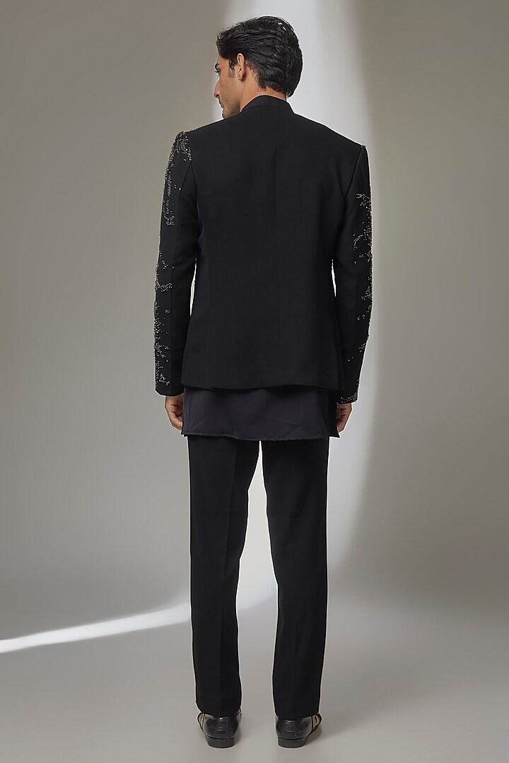 Black Textured Fabric Groom Indowestern Set by Sarab Khanijou at Pernia's Pop Up Shop