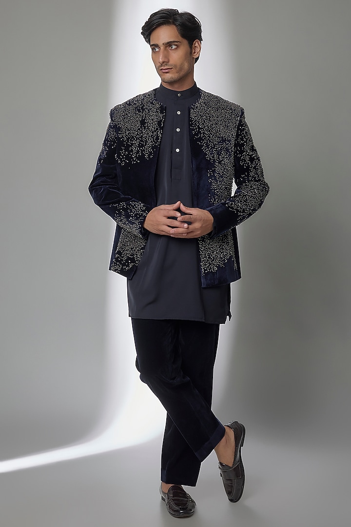 Blue Velvet Groom Indowestern Set by Sarab Khanijou at Pernia's Pop Up Shop
