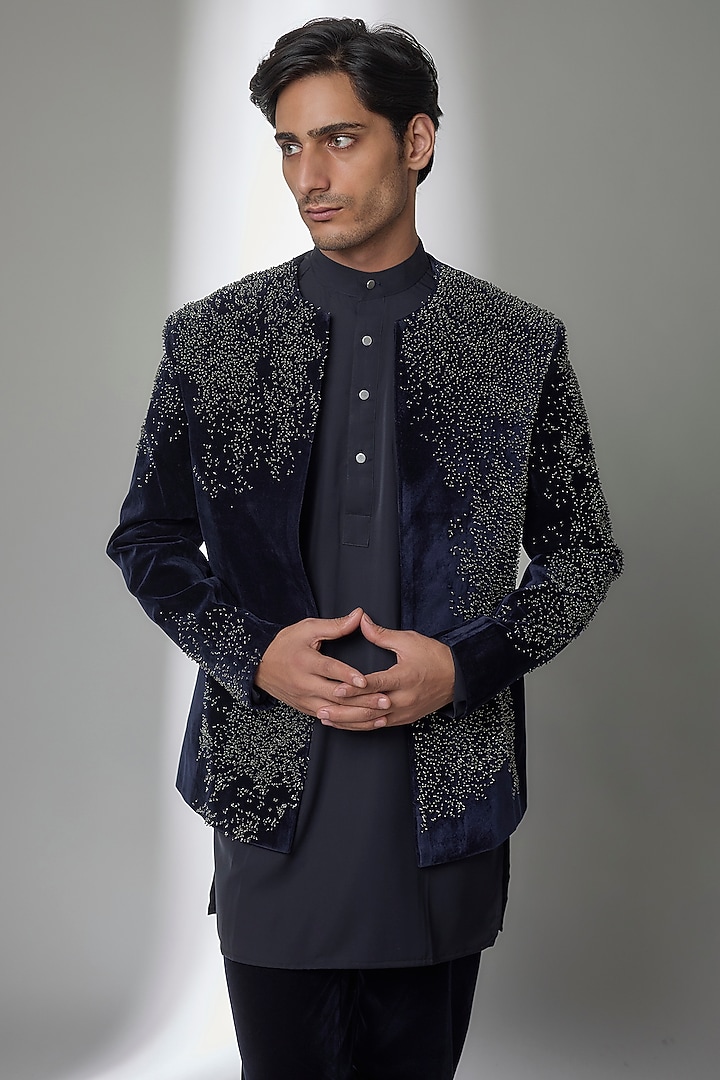 Blue Velvet Groom Indowestern Set by Sarab Khanijou at Pernia's Pop Up Shop