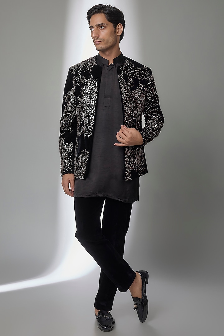 Black Velvet Groom Indowestern Set by Sarab Khanijou at Pernia's Pop Up Shop