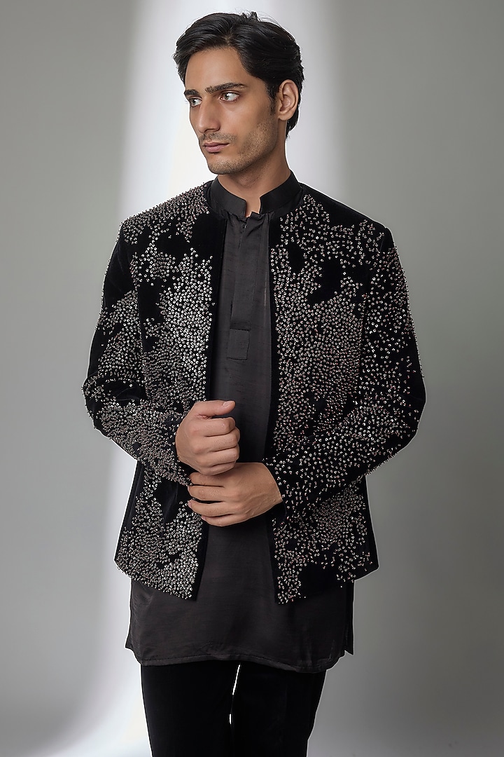 Black Velvet Groom Indowestern Set by Sarab Khanijou at Pernia's Pop Up Shop