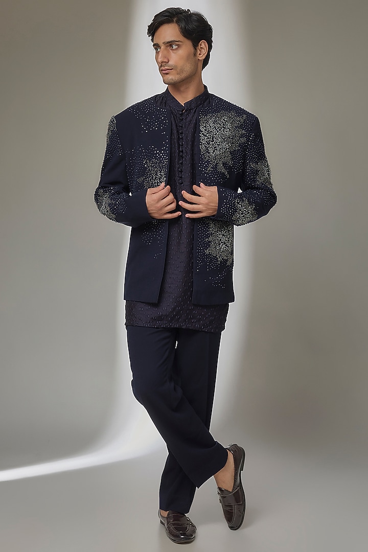 Blue Textured Fabric Groom Indowestern Set by Sarab Khanijou at Pernia's Pop Up Shop