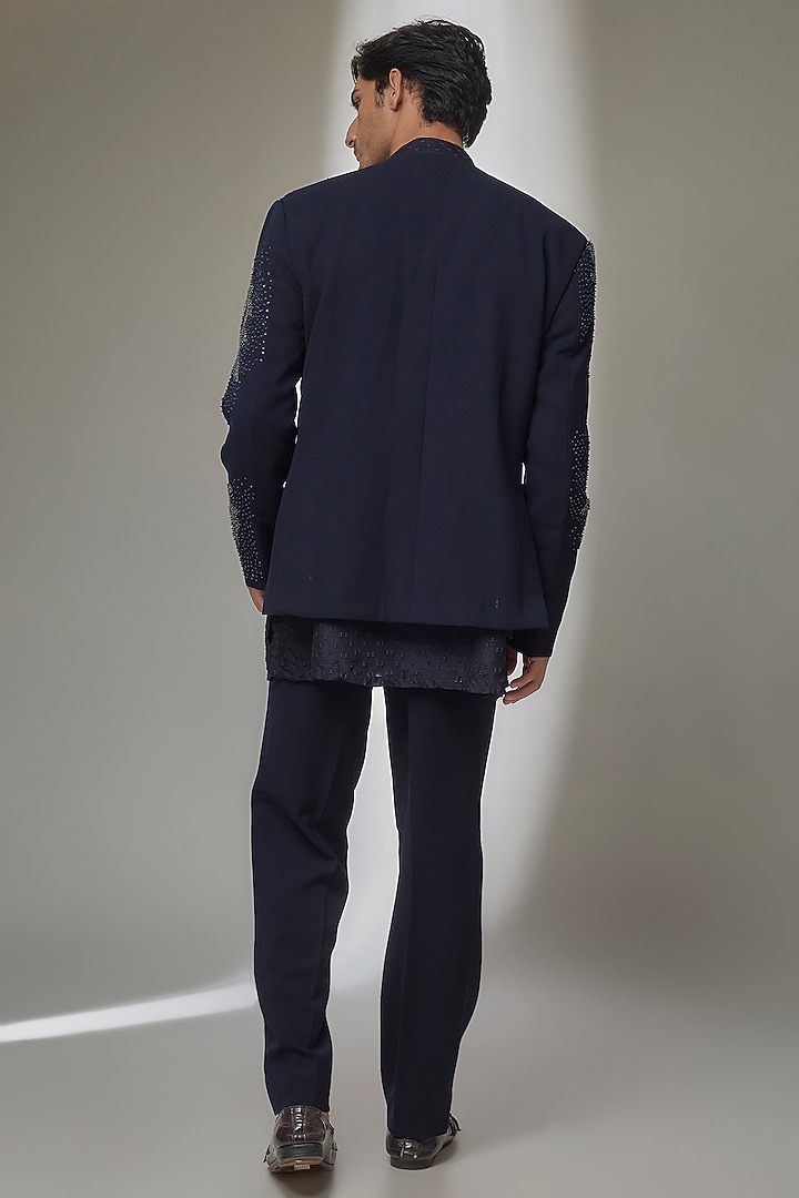 Blue Textured Fabric Groom Indowestern Set by Sarab Khanijou at Pernia's Pop Up Shop
