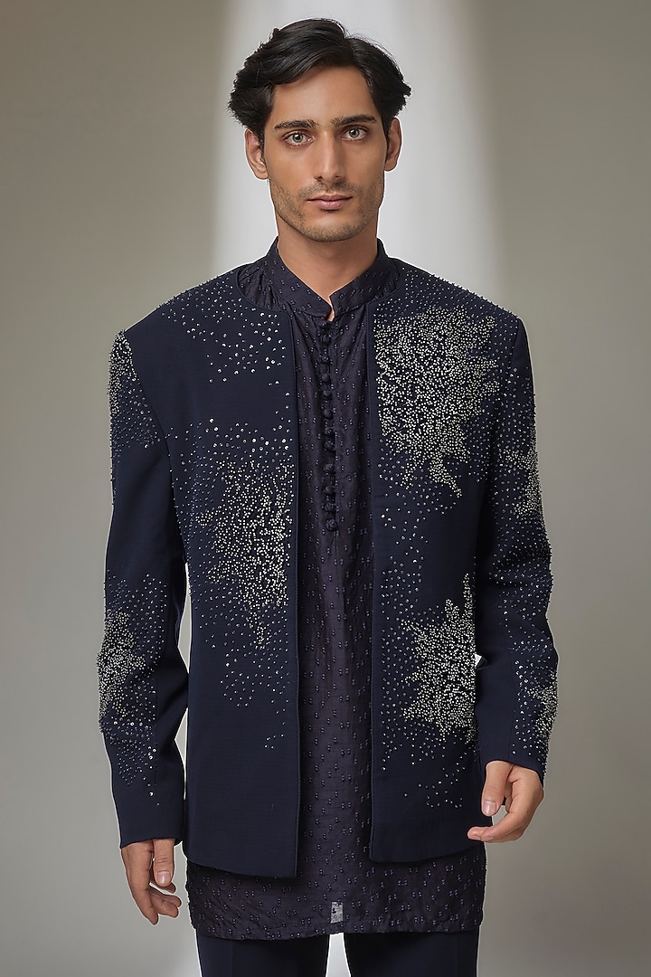 Blue Textured Fabric Groom Indowestern Set by Sarab Khanijou at Pernia's Pop Up Shop