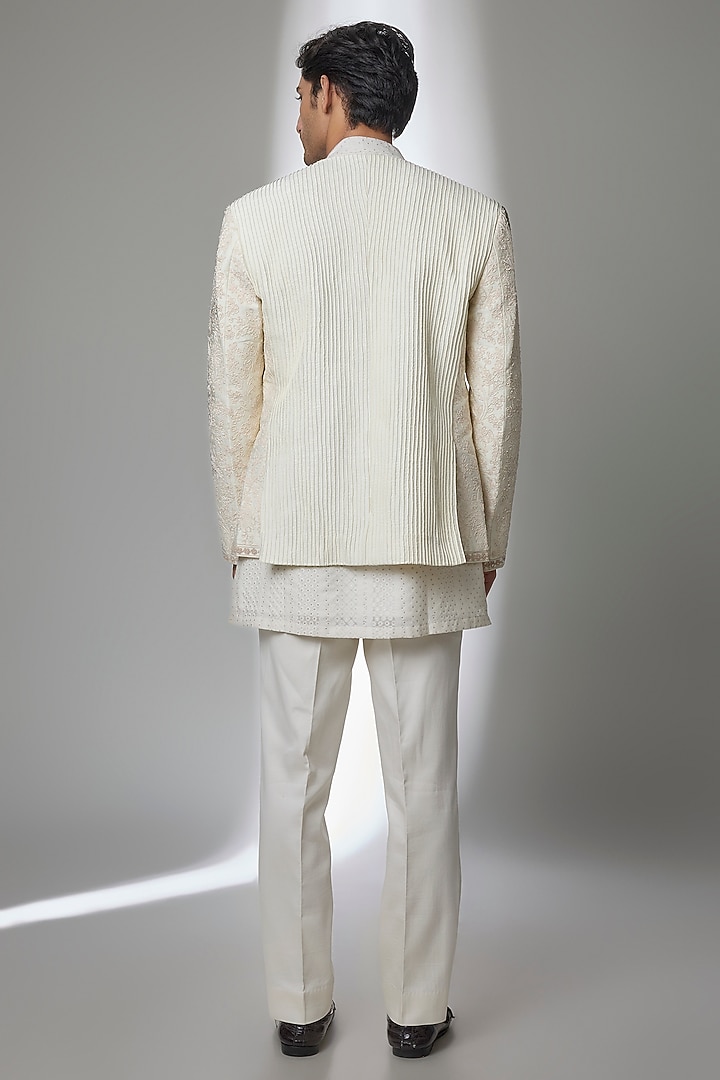 Ivory Raw Silk Groom Indowestern Set by Sarab Khanijou at Pernia's Pop Up Shop