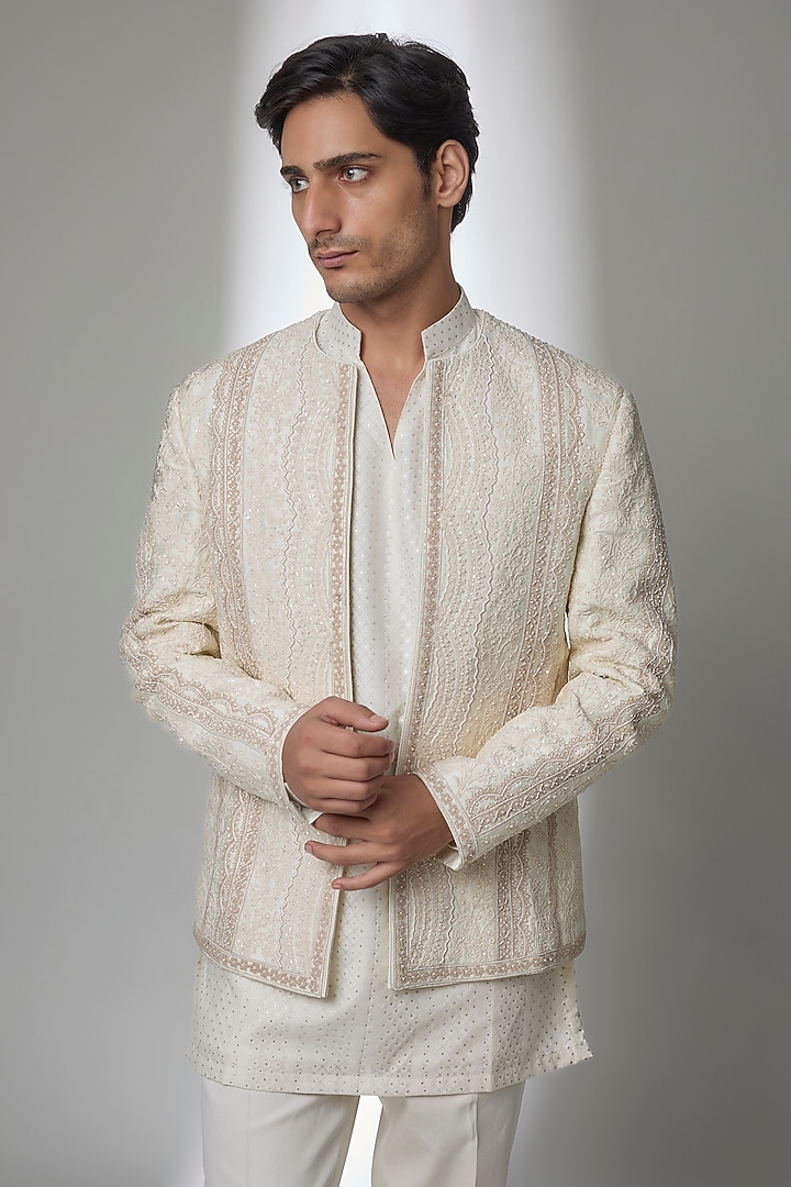 Ivory Raw Silk Groom Indowestern Set by Sarab Khanijou at Pernia's Pop Up Shop