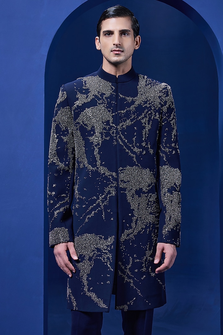 Navy Blue Sandwash Fabric Cutdana Work Groom Indowestern Set by Sarab Khanijou at Pernia's Pop Up Shop