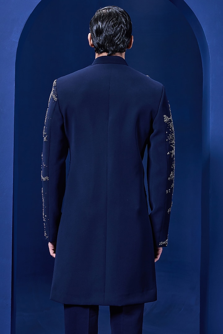 Navy Blue Sandwash Fabric Cutdana Work Groom Indowestern Set by Sarab Khanijou at Pernia's Pop Up Shop