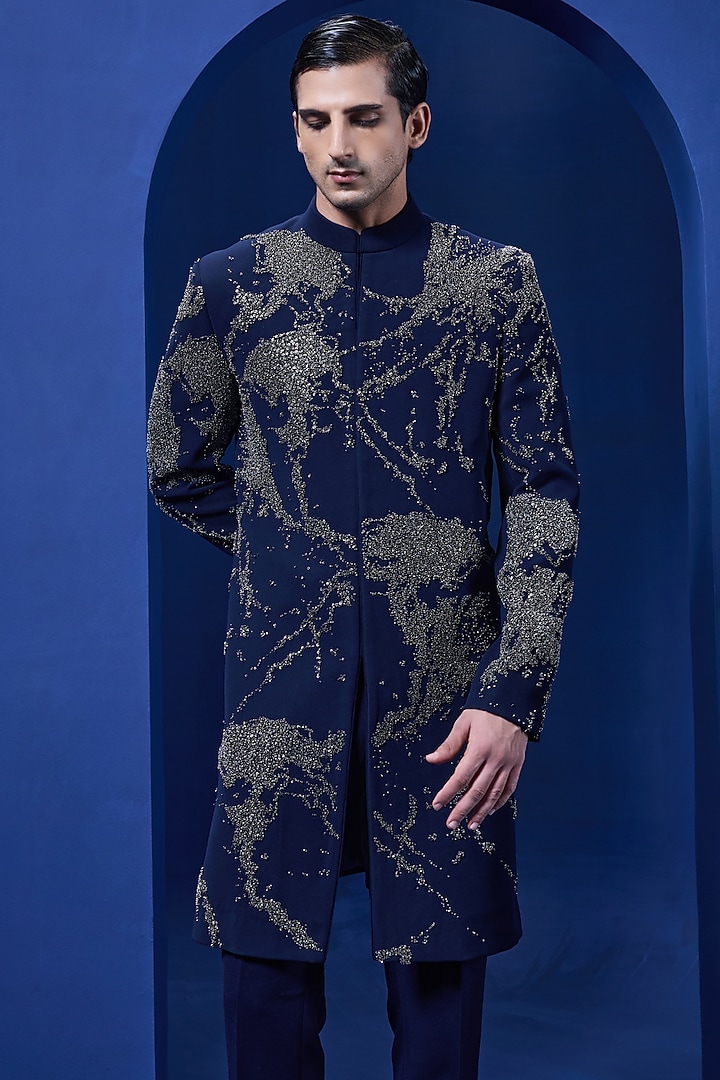 Navy Blue Sandwash Fabric Cutdana Work Groom Indowestern Set by Sarab Khanijou at Pernia's Pop Up Shop