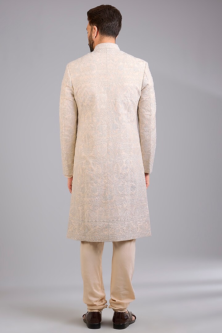 Ivory Silk Groom Sherwani Set by Sarab Khanijou at Pernia's Pop Up Shop