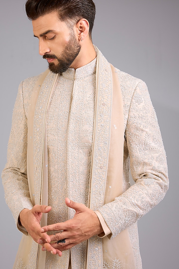 Ivory Silk Groom Sherwani Set by Sarab Khanijou at Pernia's Pop Up Shop