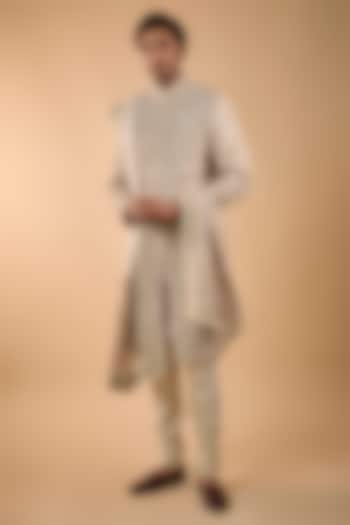 Ivory Silk Groom Sherwani Set by Sarab Khanijou at Pernia's Pop Up Shop