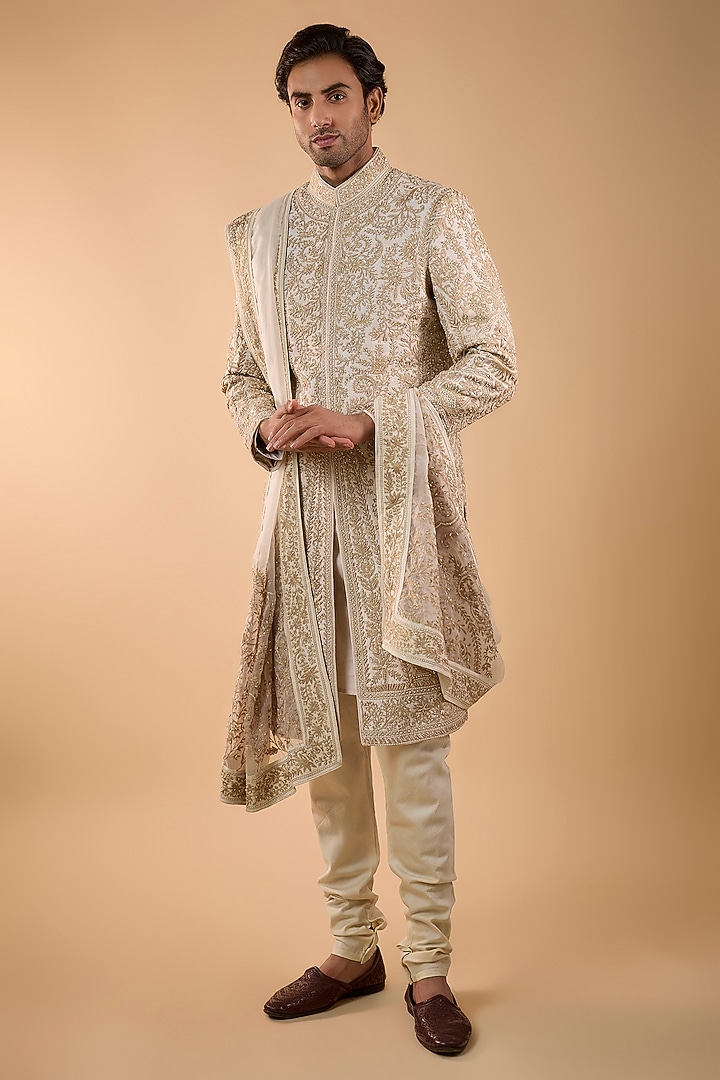 Ivory Silk Groom Sherwani Set by Sarab Khanijou at Pernia's Pop Up Shop