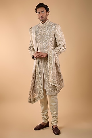 Ivory Silk Sherwani Set by Sarab Khanijou