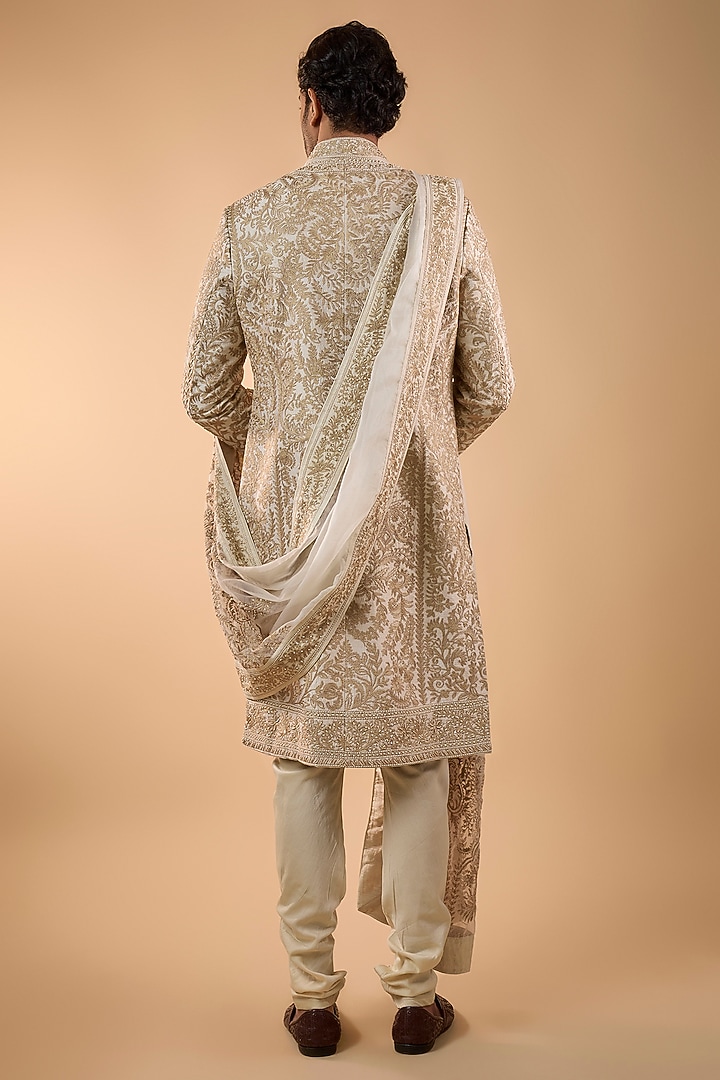 Ivory Silk Groom Sherwani Set by Sarab Khanijou at Pernia's Pop Up Shop