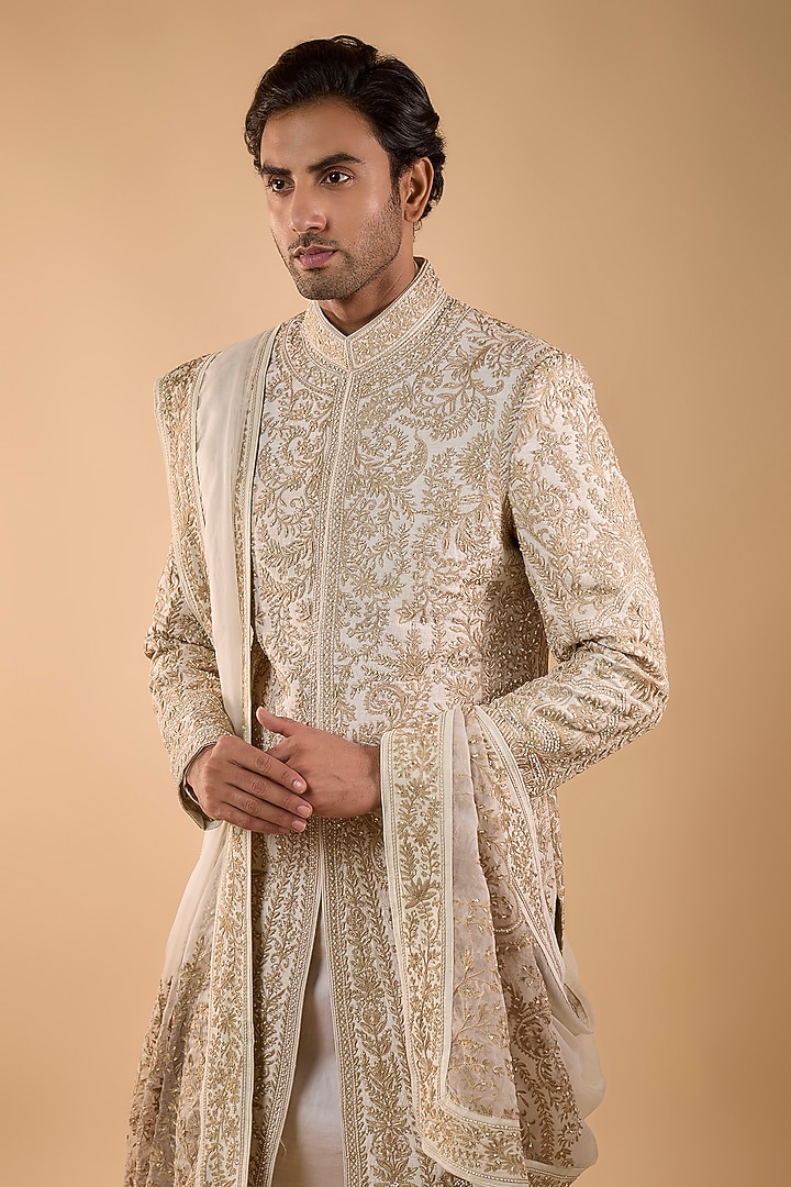 Ivory Silk Groom Sherwani Set by Sarab Khanijou at Pernia's Pop Up Shop