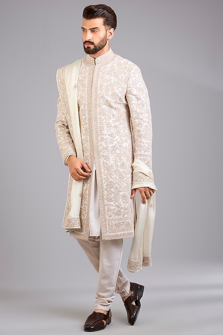 Ivory Silk Groom Sherwani Set by Sarab Khanijou at Pernia's Pop Up Shop