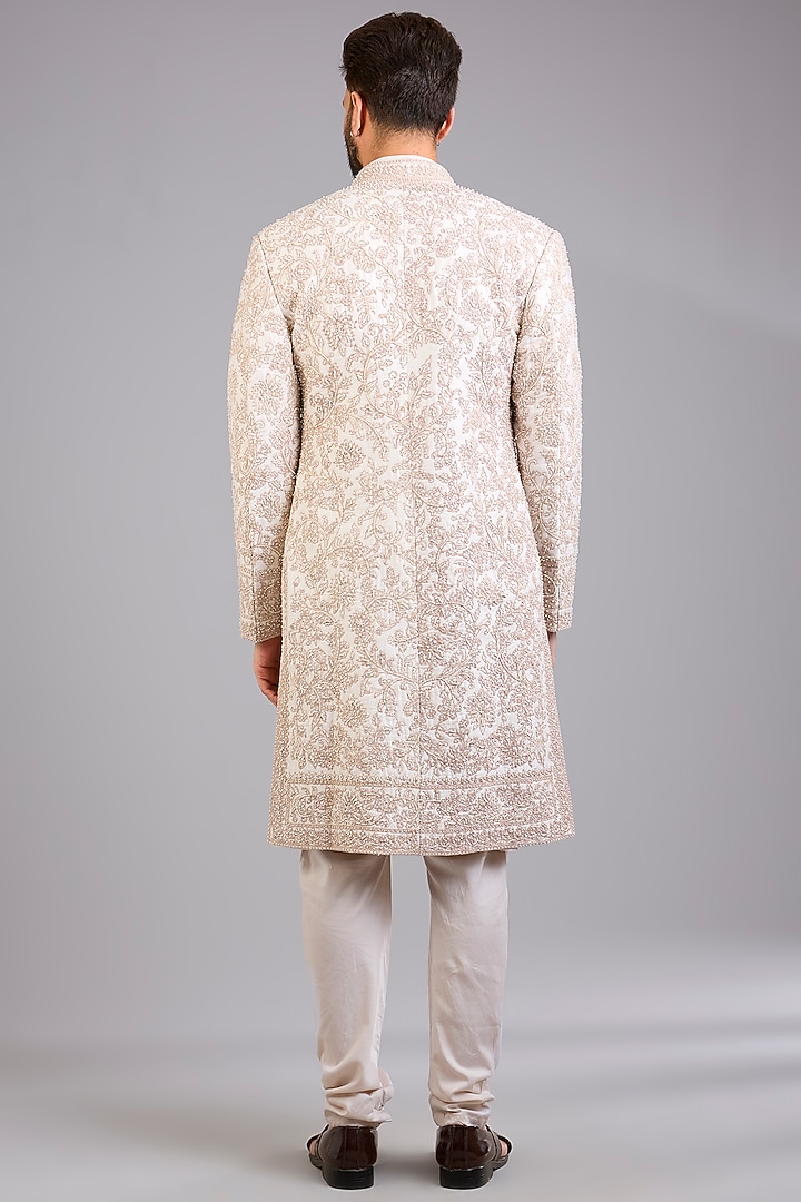 Ivory Silk Groom Sherwani Set by Sarab Khanijou at Pernia's Pop Up Shop
