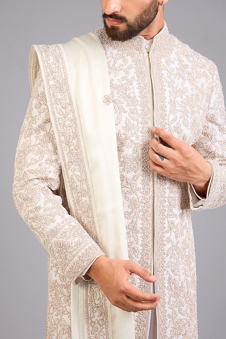 Ivory Silk Groom Sherwani Set by Sarab Khanijou at Pernia's Pop Up Shop