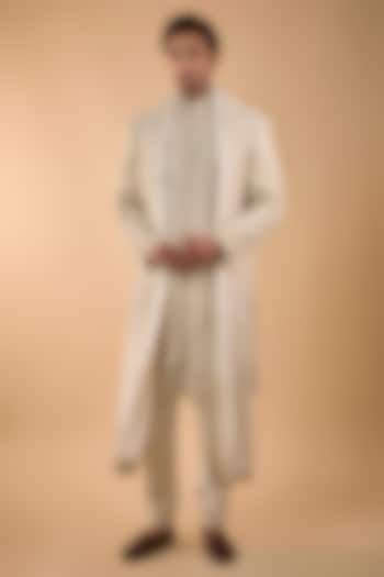 Ivory Silk Groom Sherwani Set by Sarab Khanijou at Pernia's Pop Up Shop