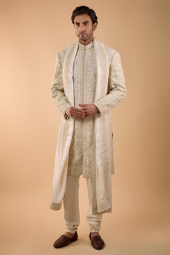 Ivory Silk Groom Sherwani Set by Sarab Khanijou at Pernia's Pop Up Shop