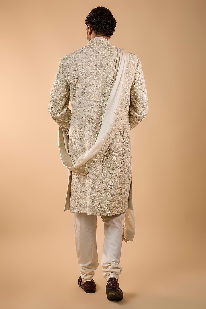 Ivory Silk Groom Sherwani Set by Sarab Khanijou at Pernia's Pop Up Shop