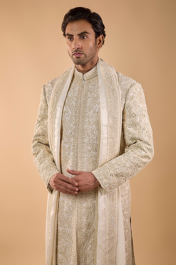Ivory Silk Groom Sherwani Set by Sarab Khanijou at Pernia's Pop Up Shop