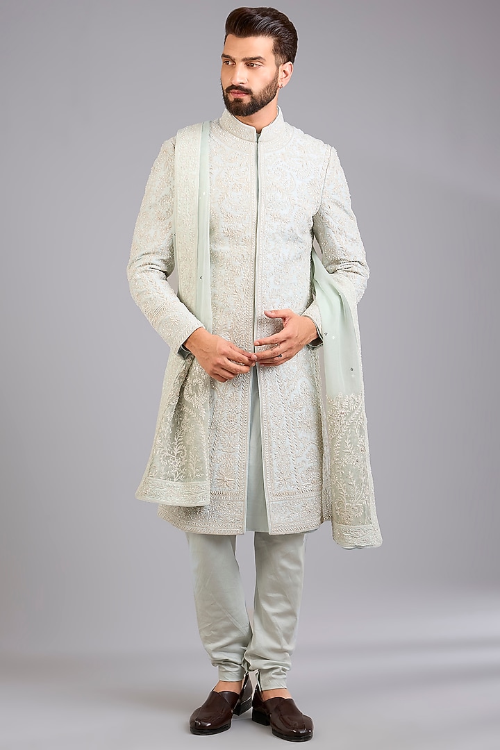 Aqua Silk Groom Sherwani Set by Sarab Khanijou at Pernia's Pop Up Shop