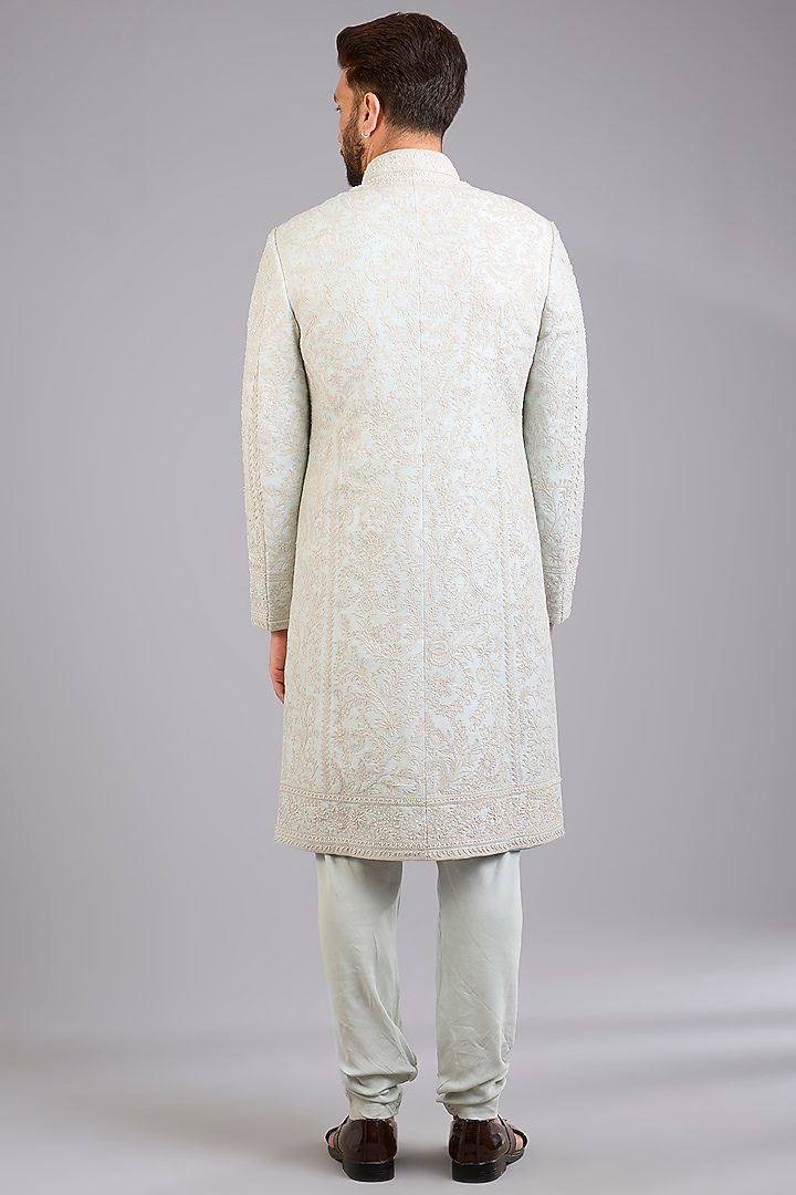 Aqua Silk Groom Sherwani Set by Sarab Khanijou at Pernia's Pop Up Shop