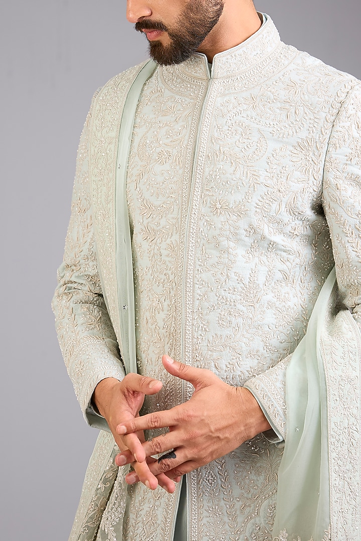 Aqua Silk Groom Sherwani Set by Sarab Khanijou at Pernia's Pop Up Shop