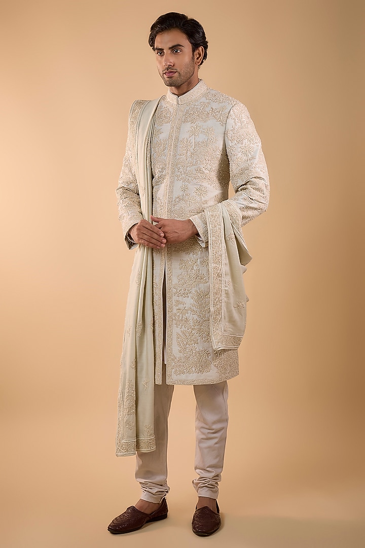 Ivory Silk Groom Sherwani Set by Sarab Khanijou at Pernia's Pop Up Shop