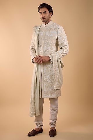 Ivory Silk Sherwani Set by Sarab Khanijou