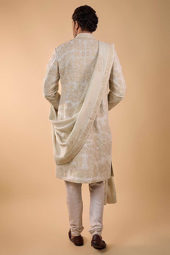 Ivory Silk Groom Sherwani Set by Sarab Khanijou at Pernia's Pop Up Shop