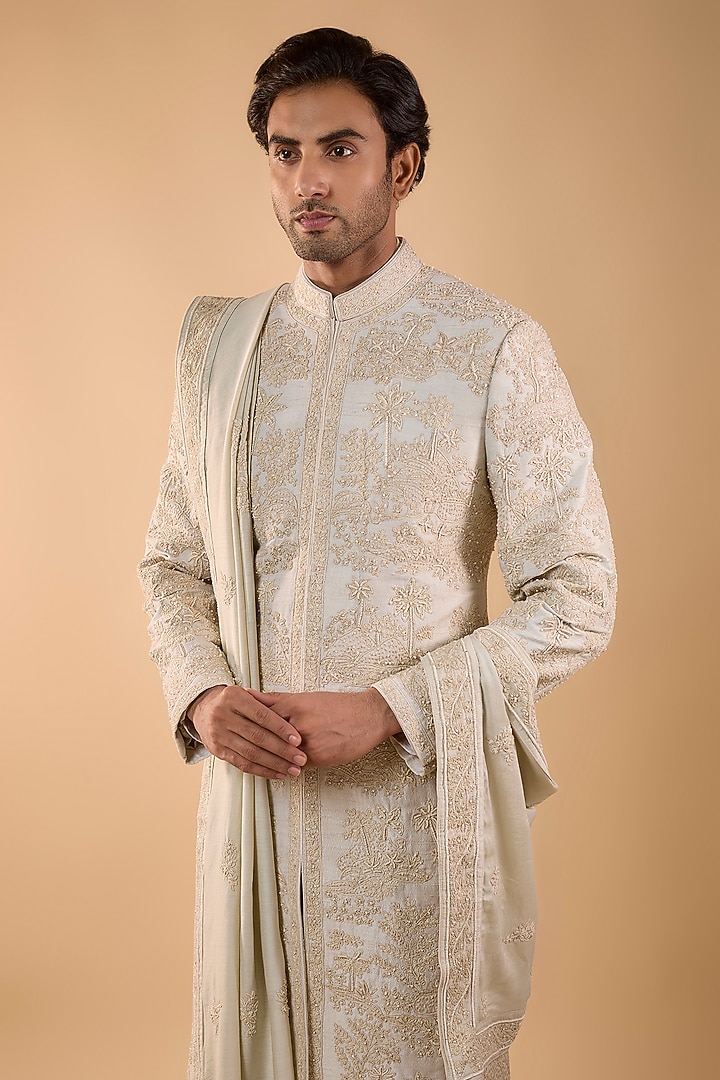 Ivory Silk Groom Sherwani Set by Sarab Khanijou at Pernia's Pop Up Shop