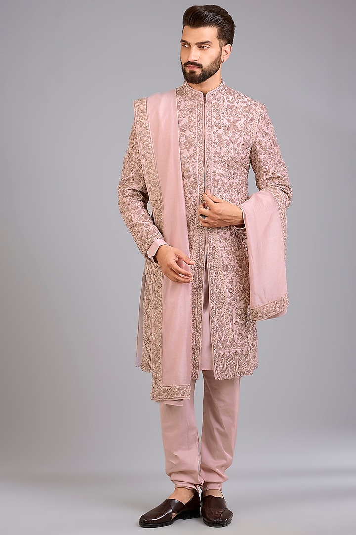 Dusty Pink Silk Groom Sherwani Set by Sarab Khanijou at Pernia's Pop Up Shop