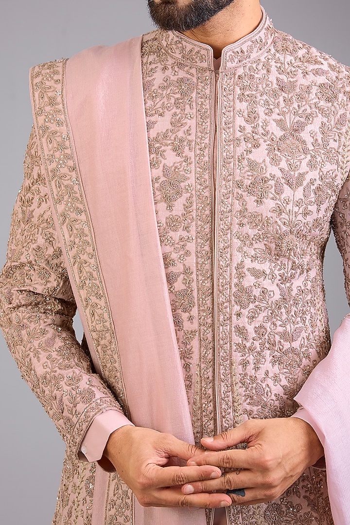 Dusty Pink Silk Groom Sherwani Set by Sarab Khanijou at Pernia's Pop Up Shop