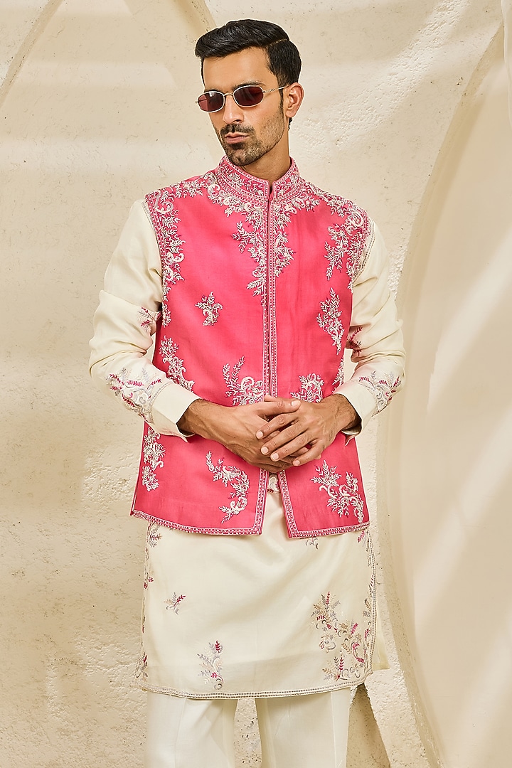 Rose Pink Chanderi Silk Thread Embroidered Nehru Jacket Set by Sarab Khanijou at Pernia's Pop Up Shop