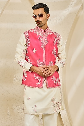 Rose Pink Chanderi Silk Thread Embroidered Nehru Jacket Set by Sarab Khanijou