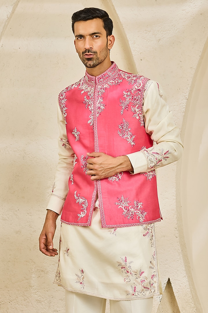 Rose Pink Chanderi Silk Thread Embroidered Nehru Jacket Set by Sarab Khanijou at Pernia's Pop Up Shop